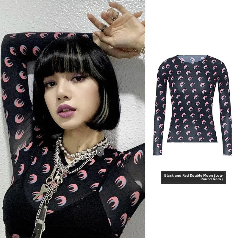 Sweet Two Piece Set Women American Retro Layered Outfit Long Sleeve Moon Print Top Ice Silk Pants Sexy Casual Autumn Fashion