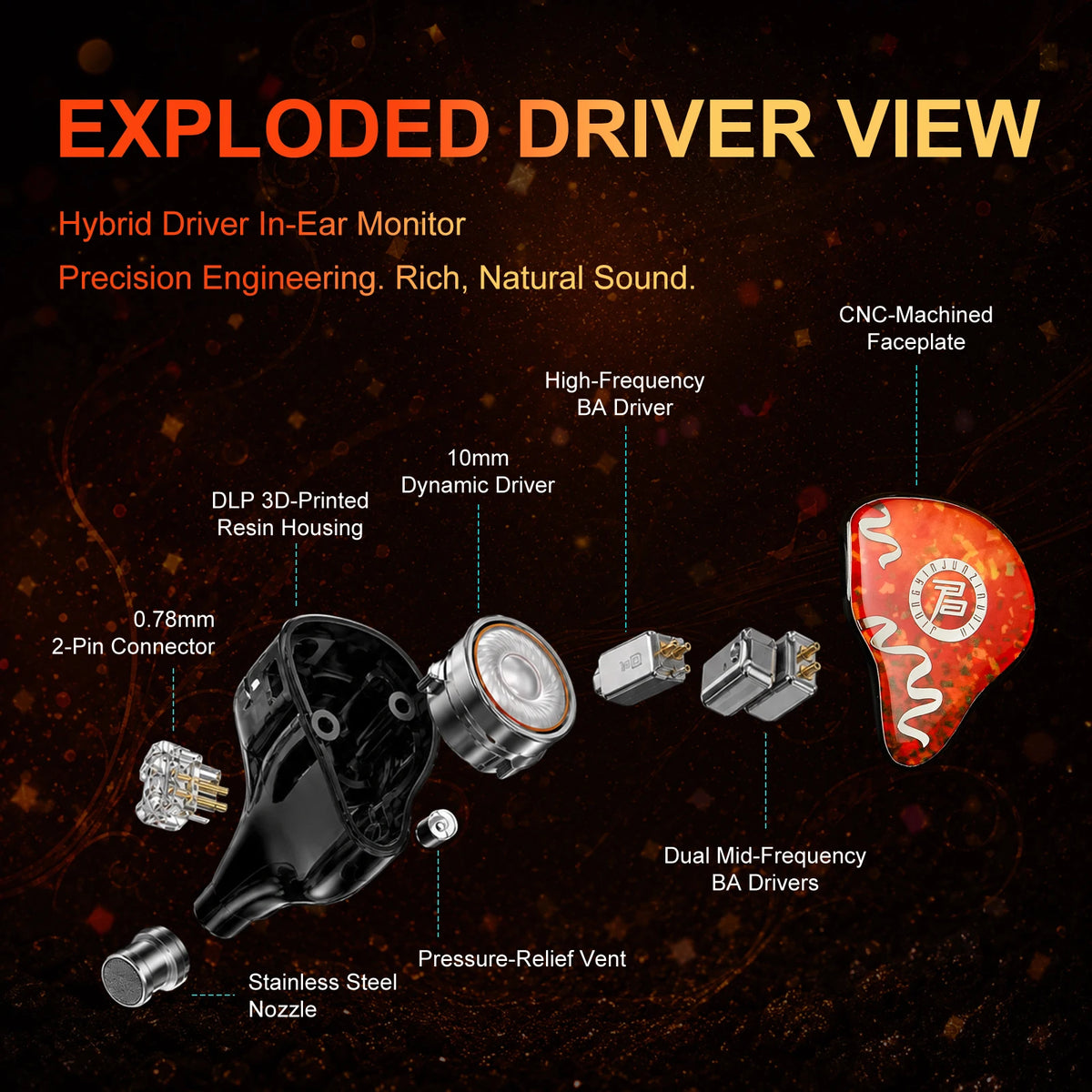 Juzear X Vivir Digital SWOOP Fiesta Bass In-ear Wired Earphone 1DD+3BA Hybrid HiFi Gaming IEM with 3.5mm Mic+4.4mm Dual Cable