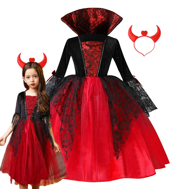Kids Girls Vampire Devil Cosplay Dress Complete Set with Accessories Halloween Theme Party Costume Holiday Gift for Girls