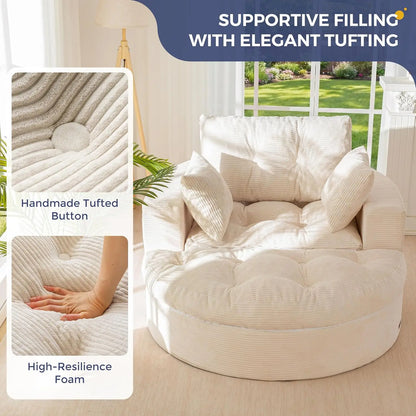 Oversized Round Chaise Lounge Sofa, Boneless Chair with Ottoman | Beige Upholstered Reading Chair Has a Deep Seat and 3, Custom