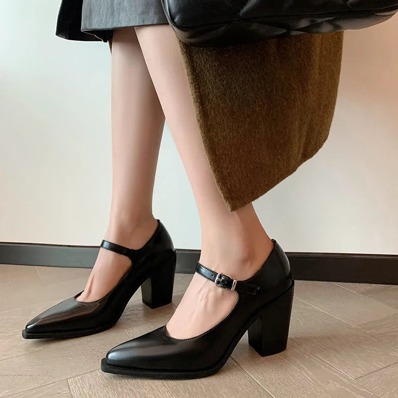 MKKHOU Fashion Pumps New High Quality Genuine Leather Pointed High Heels Mary Jane Shoes Women's Heels Leather Shoes Women Shoes