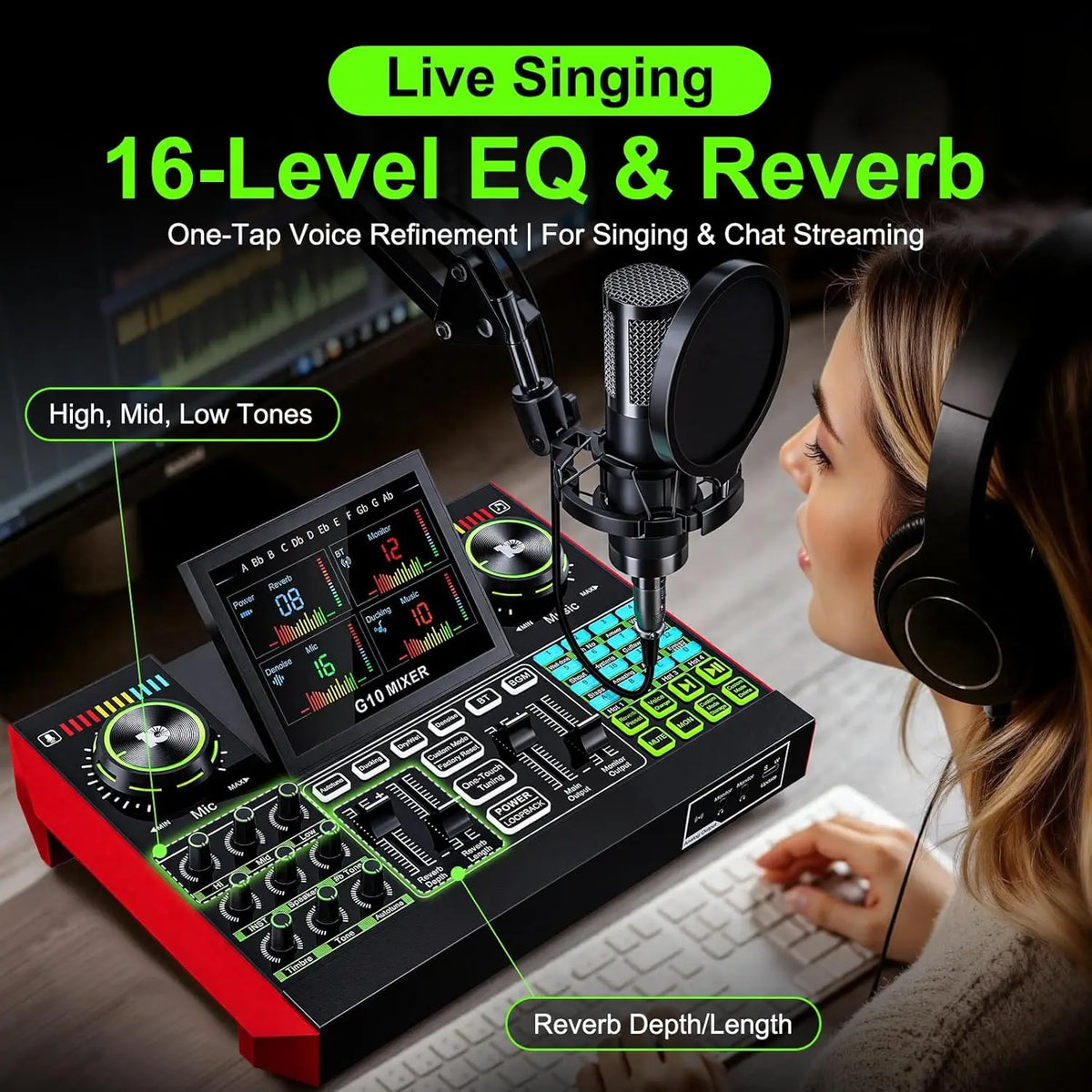 Tenlamp  G10-P15-NB25 Podcast Equipment with 3.5mm Condenser Mic, Sound Board,Sound Card for PC/Phone Podcast Recording, Voice Changer, Denoise,Phantom Power,Reverb，G10 Live Streaming Audio Interface Gaming Audio Mixer