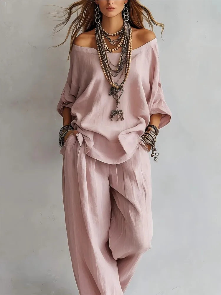 2026Fashion V Neck 7 Button Sleeve Women Top Set 2 Pieces Spring Summer Elegant Loose Fitting Wide Leg Pockets Pants Female Suit