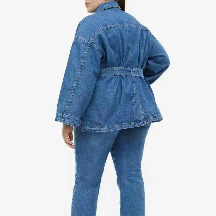 Women Long Length Denim Jacket Plus Size Eco-Friendly Woven Winter Coat Single Button Closure