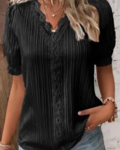 Plus Size Women's Shirt Blouse Yellow-green Violets White Plain Lace Short Sleeve Casual Basic V Neck Regular Pullover White Blo