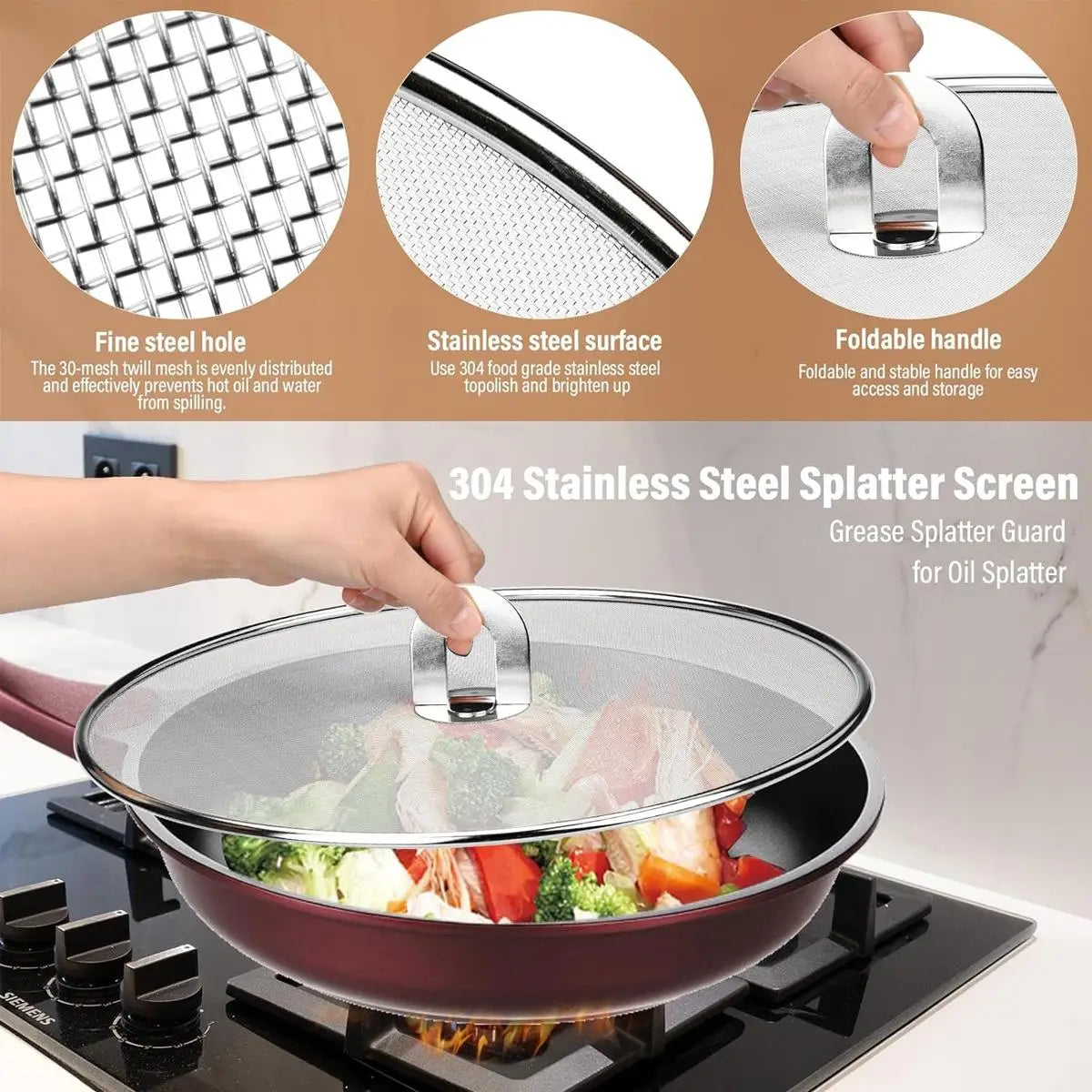 3-Piece Splatter Screen Set for Frying Pans, 13"/11.4"/9.8", Stainless Steel Grease Guard, Ultra-Fine Mesh Lid, Fold-Flat Design