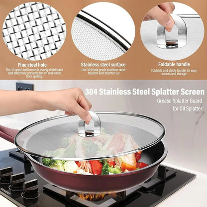 3-Piece Splatter Screen Set for Frying Pans, 13"/11.4"/9.8", Stainless Steel Grease Guard, Ultra-Fine Mesh Lid, Fold-Flat Design