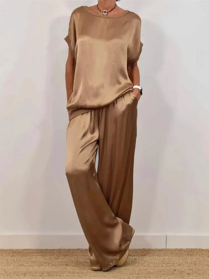 Simple Satin Women's Suits Summer Fashion Short sleeve Loose Blouse Wide Leg Pants Two Piece Set For Women Casual Outfits