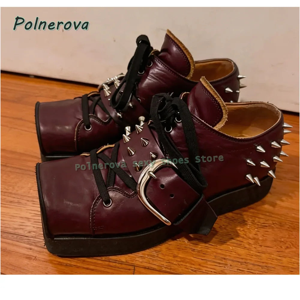 Black Rivet Belt Buckle Pumps 2026 Spring Summer New Arrivals Square Toe Thick Sole Lace Up Couple Pu Leather Shoes Casual Trend
