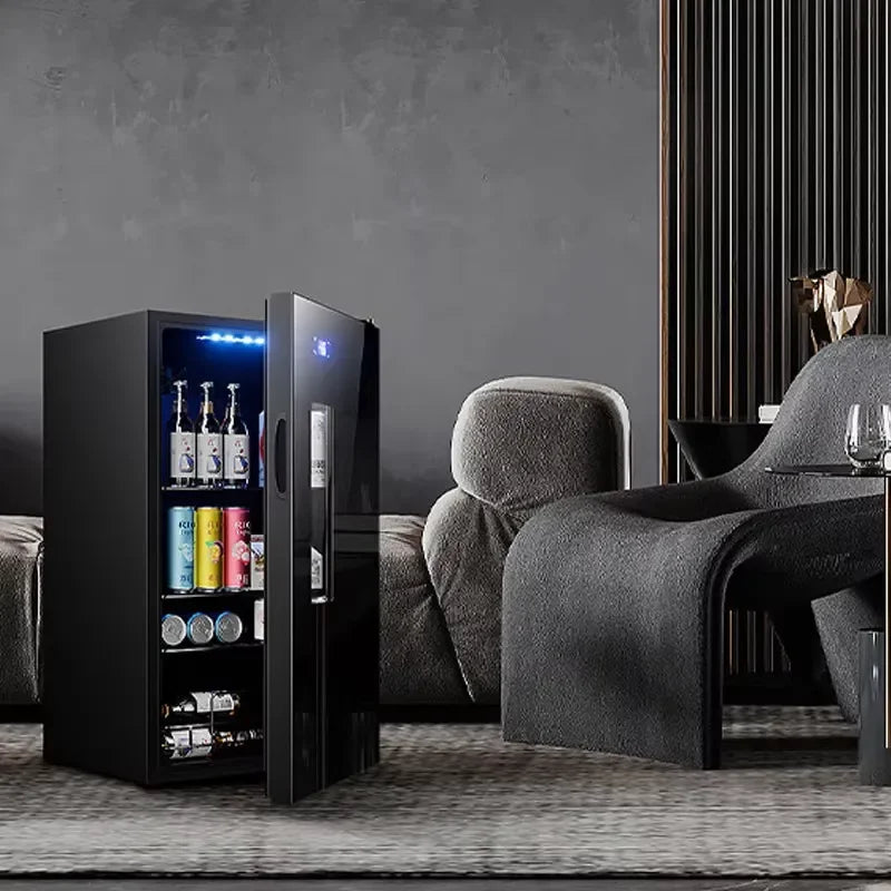 Mini Wine Fridge Electric Beverage Cooler Mirror Glass Door LED Light Built In Refrigerator For Home Kitchen Bar Office Use