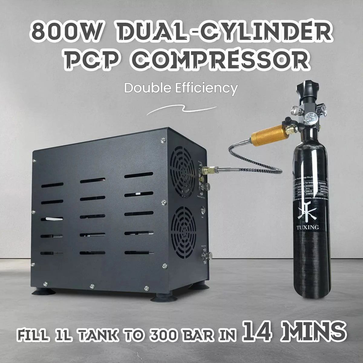 TUXING 4500Psi 300Bar PCP Air Compressor 800W Dual-Cylinder High Pressure Diving Compressor Auto Stop PCP Rifle Scuba Tank