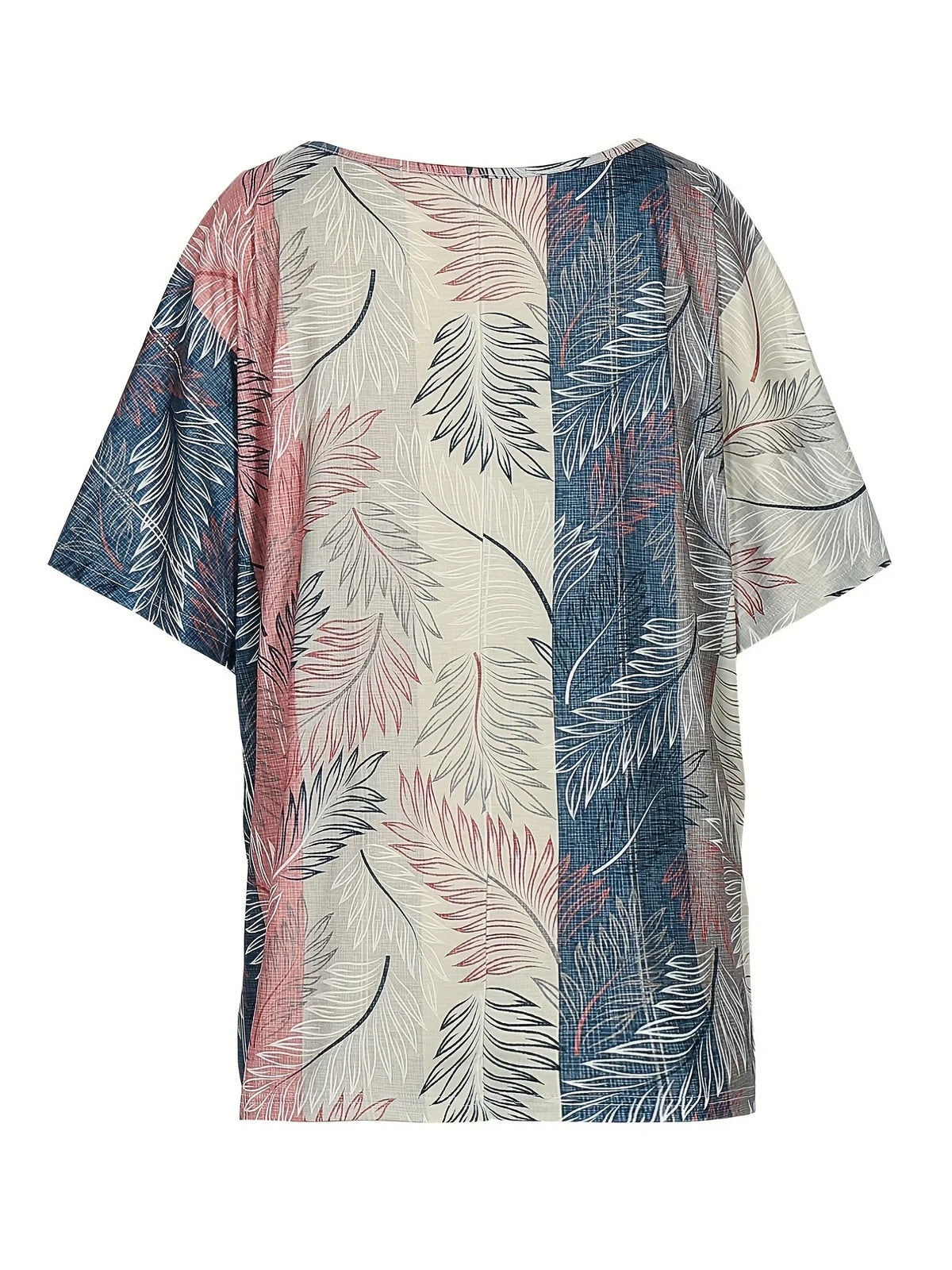 Plus Size Casual Top, Women's Plus Colorblock Leaf Print Short Sleeve Round Neck Tee