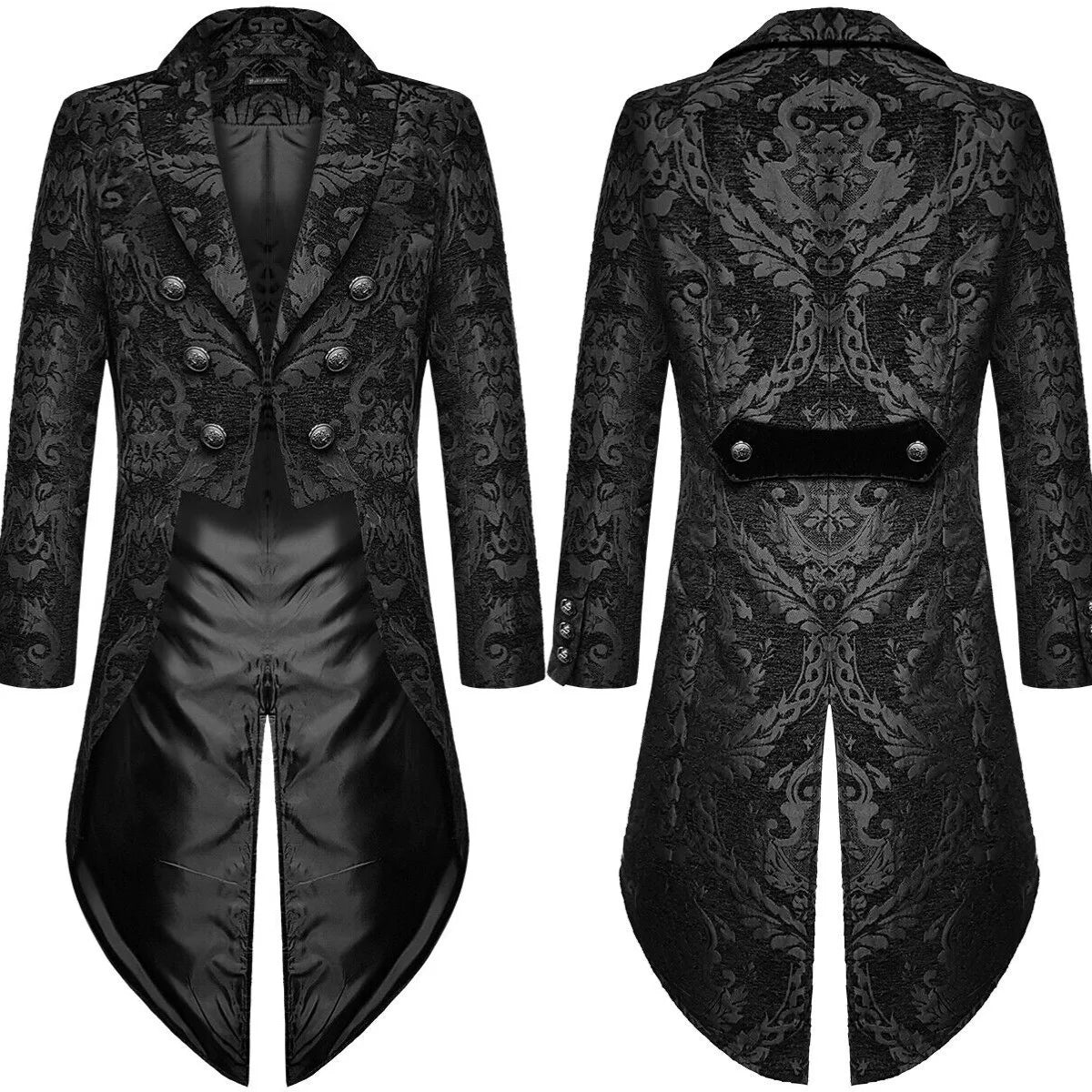 Golden Men's Gothic Steampunk Tailcoat, Black Embroidered Trench Coat, Party/stage Performance Long Jacket.