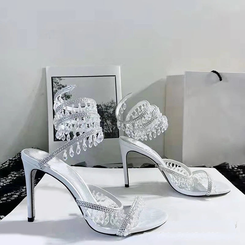 2023 Summer Crystal Pendant Twine Sandals Rhinestone High Heels 10cm Open Toe Women Shoes Party Wedding Bridal Shoes Size 34-43