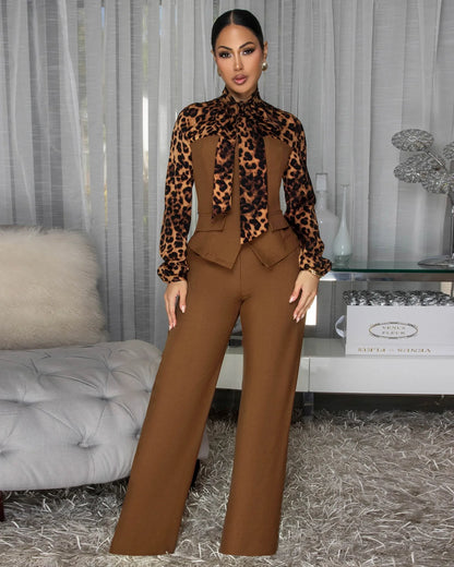 2 Pcs Women Chic Pants Suit Casual Leopard Patchwork Slim Top+ High-waist-drooping Wide-leg Long Pants Fashion Autumn Suits Set
