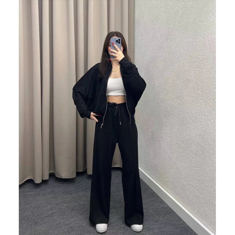 Fashion Women's Suit Zipper Trousers Round Neck Sweatshirt Wide Leg Trousers 2 Piece Set Conjuntos De Pantalón Fall Clothes 2025