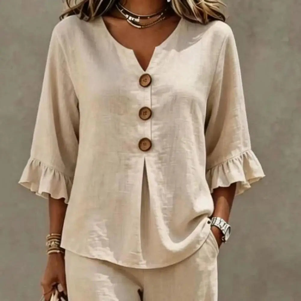 Summer 2 Piece Sets for Women Casual Ruffle 3/4 Sleeve V Neck Top And Wide Leg Pants Matching Set Loose Vacation Lounge Outfits