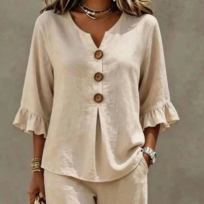 Summer 2 Piece Sets for Women Casual Ruffle 3/4 Sleeve V Neck Top And Wide Leg Pants Matching Set Loose Vacation Lounge Outfits