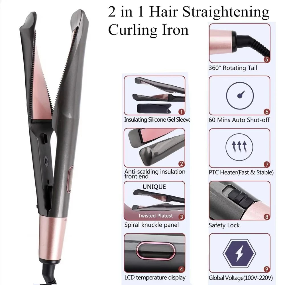 2026 New Hair Straightener Curler 2 in 1 Negative Ion Fast Heating Styling Iron Professional Flat Iron Curling Tool Home Travel