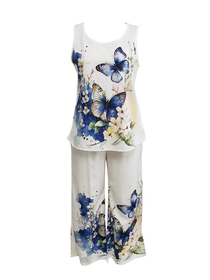 Women's Butterfly & Floral Pants Set | Sleeveless Top & Wide-Leg Pants | Casual Outings & Travel