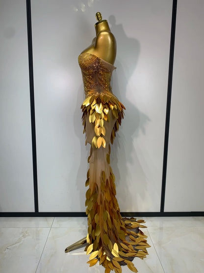 Women Sexy Strapless Mesh Maxi Long Dress Sparkly Gold Rhinestone Sequin Evening Party Gown Luxury Nightclub Birthday Prom Dress