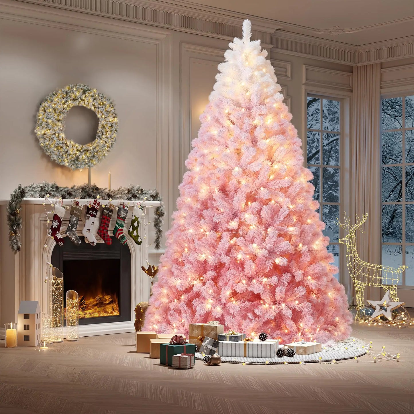 4.5 ft Prelit Artificial Christmas Tree with 100 RGB & Warm White Lights, Pre-Lit Snow Flocked Christmas Tree, Foldable Base for Home Office Party Holiday Decor