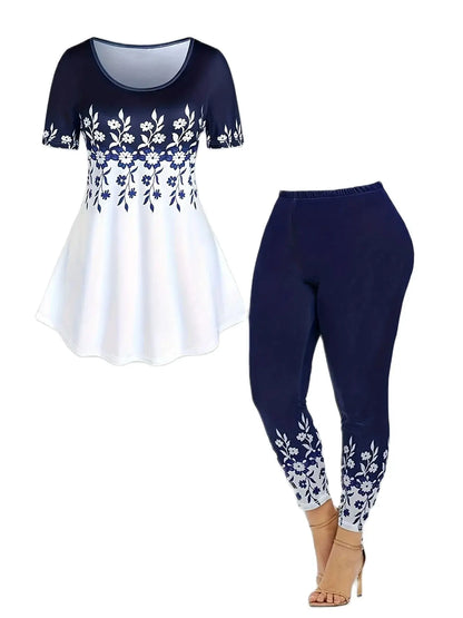 Plus Size Ladies Hit Casual Flower Color Printing Large Size Round-Necked Short-Sleeved T-Shirt Printed Pants Two-Piece Set