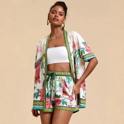 Summer Women's Suit With Shorts Printed Crop Top Short Pants Blue Patterned Set Green Floral Casual Shorts