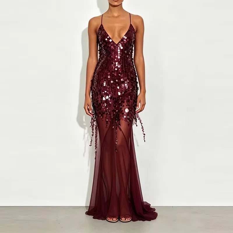 Sexy Hollow Sleeveless High Waist Evening Dress 2025 Casual Off Shoulder Suspender Dresses Lady Deep V Sequin Slim Mermaid Dress