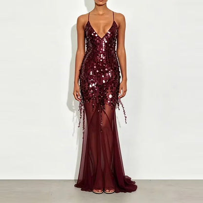 Sexy Hollow Sleeveless High Waist Evening Dress 2025 Casual Off Shoulder Suspender Dresses Lady Deep V Sequin Slim Mermaid Dress