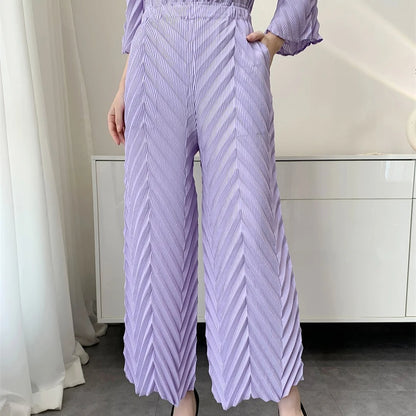 2026 Spring New Women Handmade Pleated Pants Set Comfortable Casual Seven Sleeve T-Shirt Top Loose Wide Leg Pants 2 Piece Set