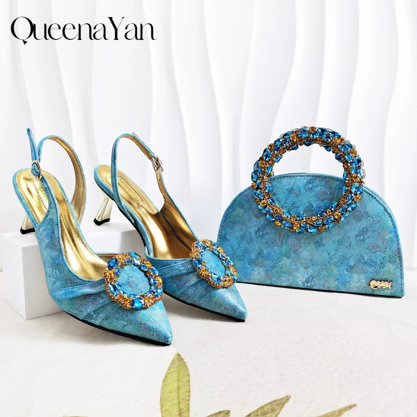 Multicolor Glitter Rhinestone Ring Handle Evening Clutch And Women High Heels Shoes Set Wedding Party Matching Bag