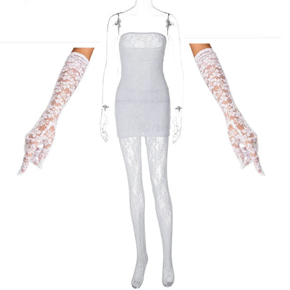 3 Pieces Women Mini Dress + Leggings + Gloves Matching Set 2025 New Club Party See Through Black Red Lace Dresses Suit Outfits