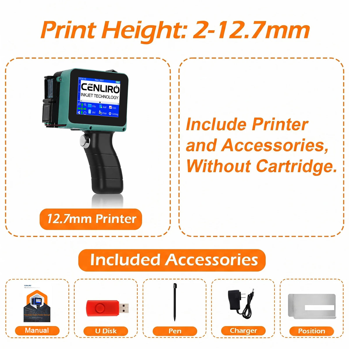 Cenliro CL05P Detachable Handheld Inkjet Printer 12.7mm Mini TIJ Printer for QR Barcode Batch Date Number Expiry Logo