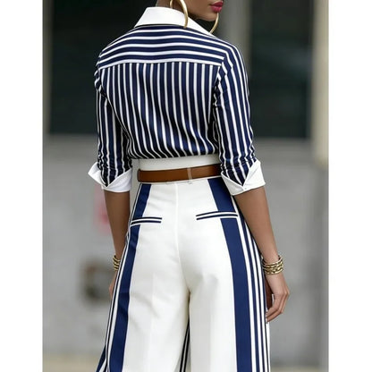 Spring Autumn Fashion Striped Printed Long Sleeve Shirt Women Suit Wide Leg Pocket Pants Female Office 2piece Set Including Belt