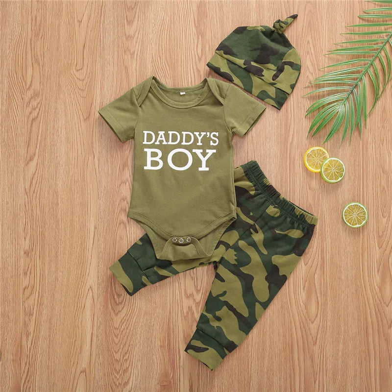 0-24months Baby 3pcs Outfits Short Sleeve Romper Tops Long Pants Hat/Headband Outfit For Infant Boys And Girls Camouflage Set