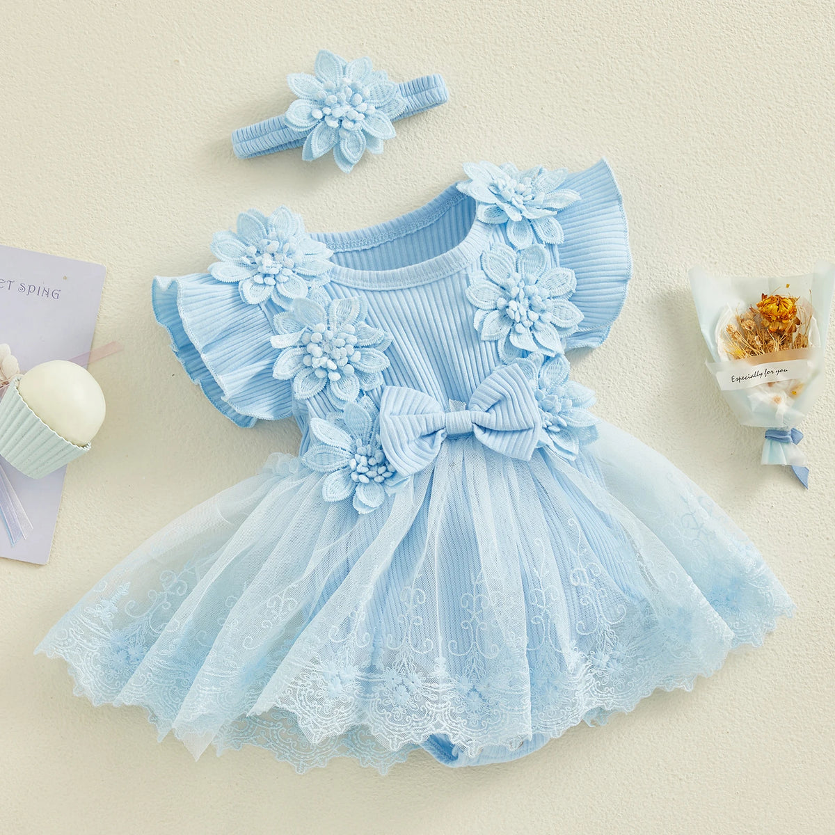 Baby Girls' Floral Romper & Headband Set | Ruffle Details & Mesh Skirt | Birthdays, Portraits & Celebrations