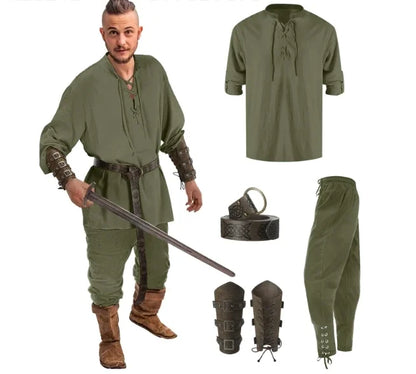 4 Pcs Halloween Men's Renaissance Costume Set Medieval Pirate Shirt Ankle Banded Pants Viking Belt Accessories