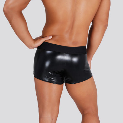 Faux Leather Wet-look Men Boxer Briefs Sexy Cock Hole Pouch Underwear PU Underpants Silicone Cockring Boxers