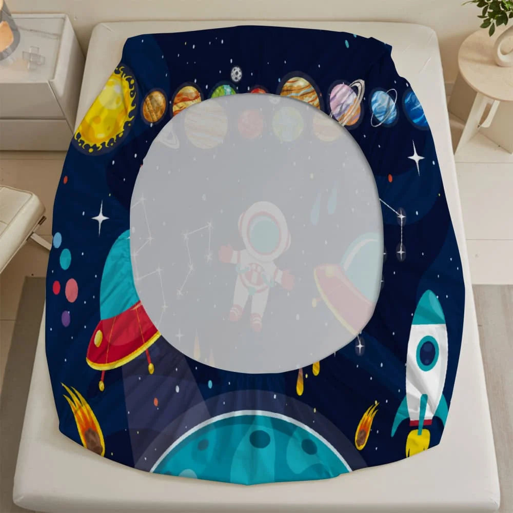 1pc Cartoon Space Astronaut Print Fitted Sheet Deep Pocket Elastic Mattress Cover Single Double Queen King Bedroom Decor