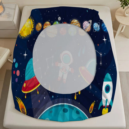 1pc Cartoon Space Astronaut Print Fitted Sheet Deep Pocket Elastic Mattress Cover Single Double Queen King Bedroom Decor
