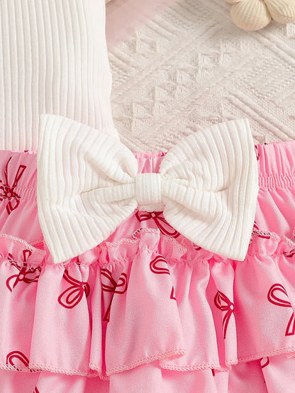 Baby girl summer cute bow decoration camisole printed bow ribbed white romper with white bow, color-contrast pink bow all-over p