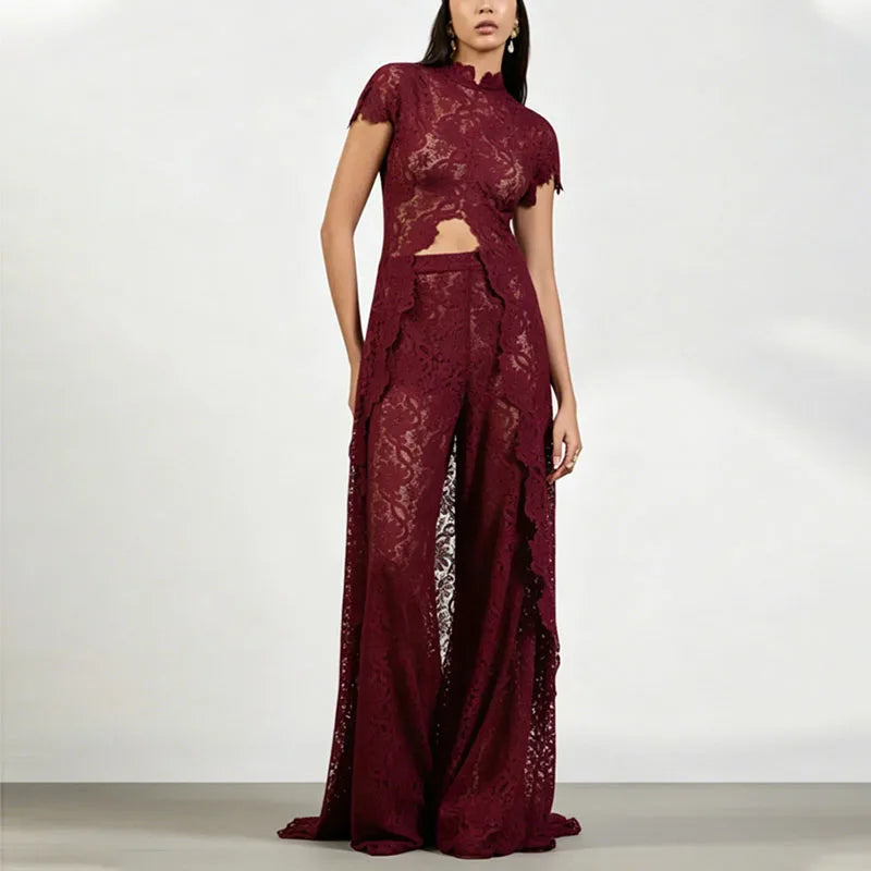 Fashion Lace Solid Women's Shirt Pant Set See Through Short Sleeve Long Tops Straight Trousers 2026 Summer Chic Female Suits