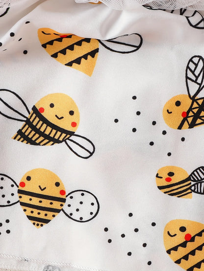 Single-Piece Baby Girl Casual Dress for Spring and Summer, Cute Style, Milk Silk, Fun Cartoon Bee Digital Print Pattern, Mesh Baby Girl Dress