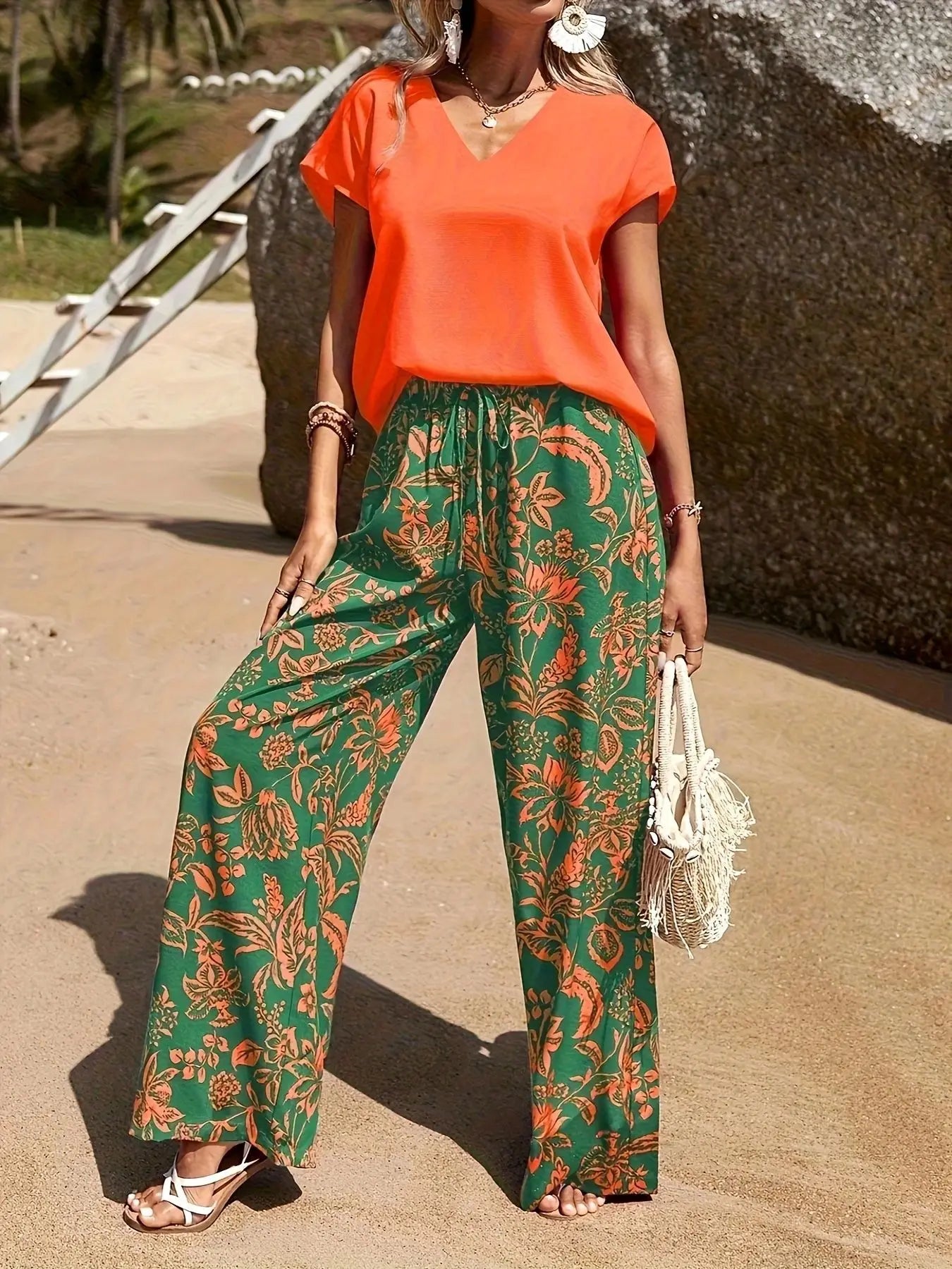 2026 Summer Women 2 Piece Outfit Set V-Neck Short Sleeve T-Shirt + Floral Print Wide Leg Pants Casual Beach Vacation Two Piece T