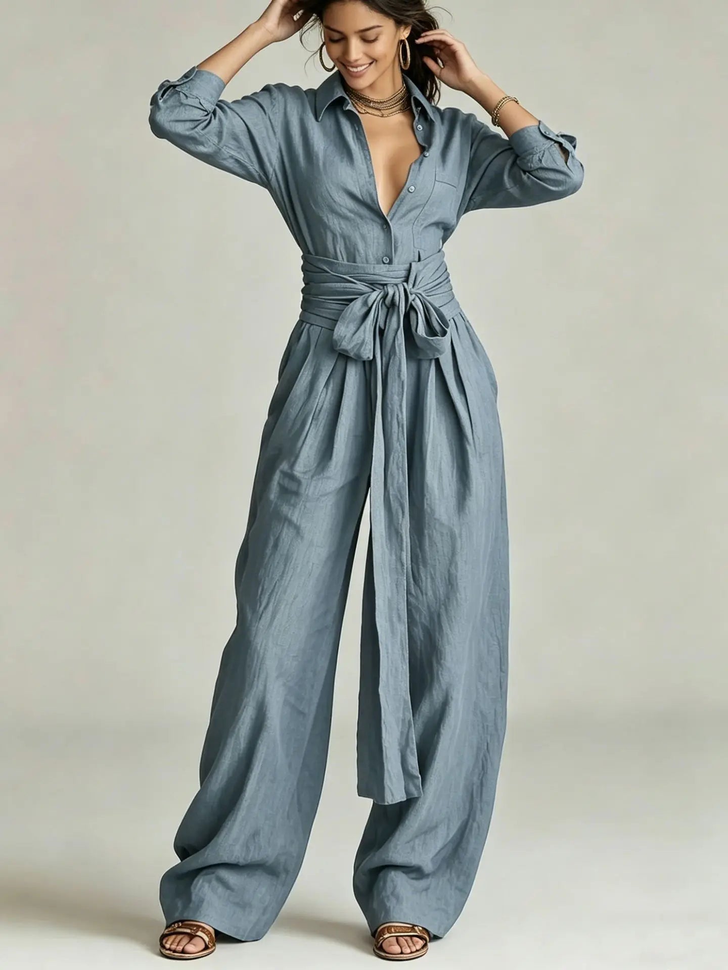 Temperament Female Two Piece Set Summer Fashion Lapel Strap Design Wide Leg Pants Suit With Pocket Lady High Waist Office Outfit