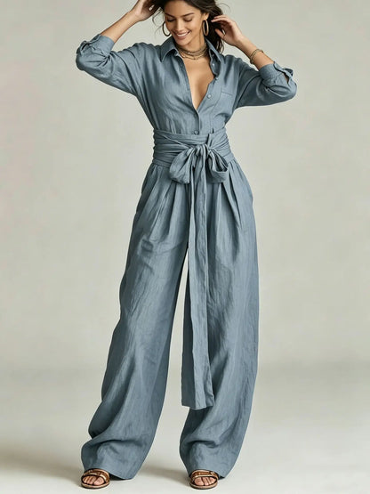 Temperament Female Two Piece Set Summer Fashion Lapel Strap Design Wide Leg Pants Suit With Pocket Lady High Waist Office Outfit