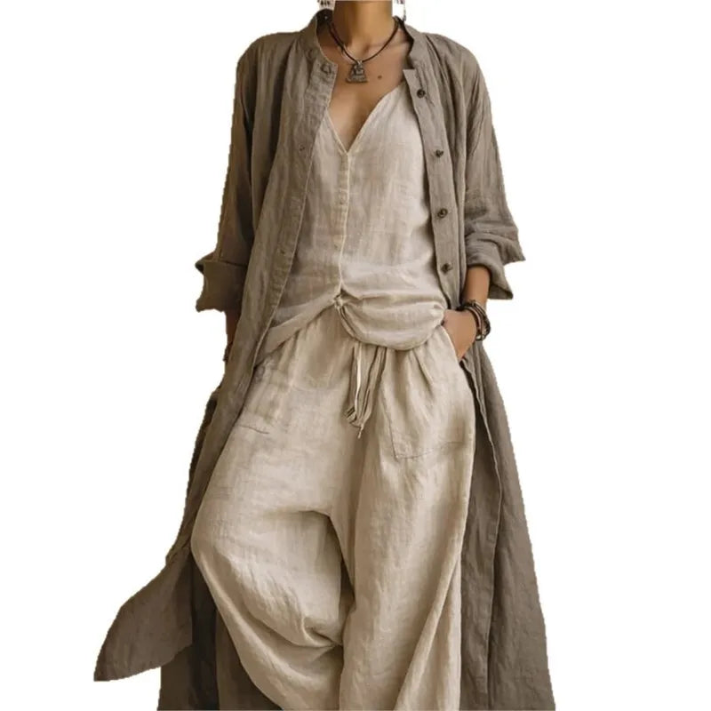 Women Casual Loose Long Sleeve 3 Piece Suits Autumn Vintage Solid Street Outfits Sexy V-neck Top + Long Pant + Cardigan Set