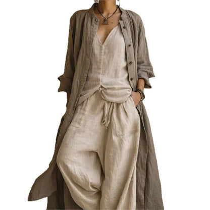 Women Casual Loose Long Sleeve 3 Piece Suits Autumn Vintage Solid Street Outfits Sexy V-neck Top + Long Pant + Cardigan Set