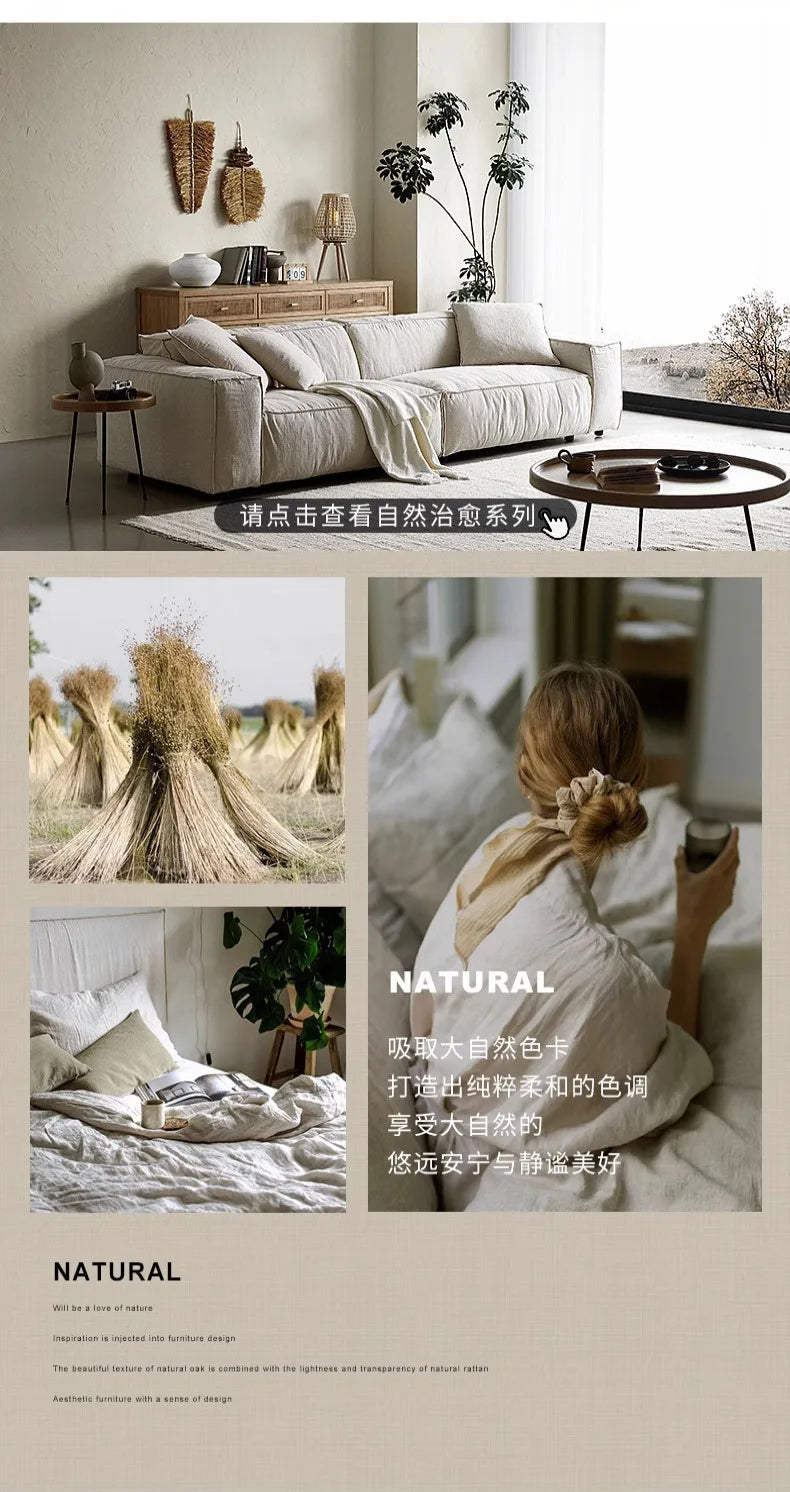 Linen fabric sofa small living room tofu block three-seater inline retro sofa